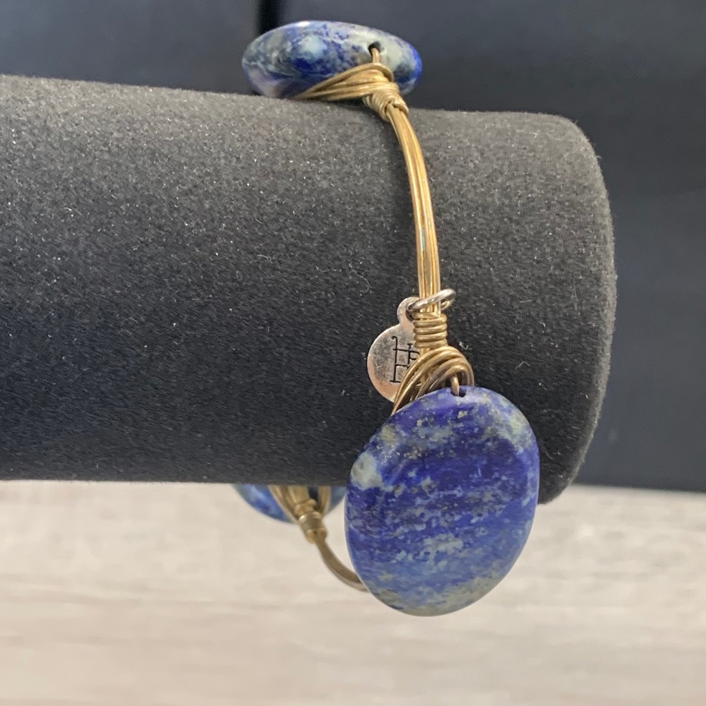 Bourbon and Boweties Lapis Lazuli Gold Wire Wrapped Bangle Bracelet 8 Inch